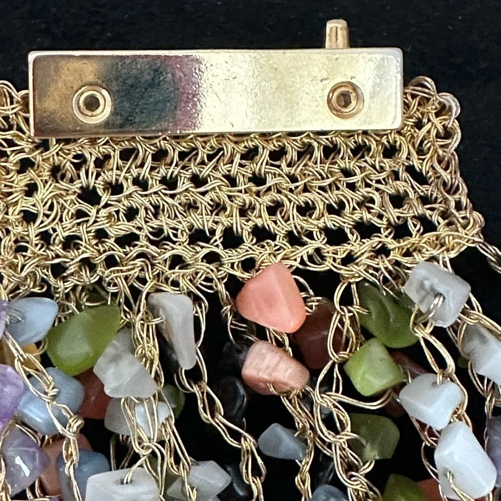 SALE: Bracelet Multi-colored natural stones strung on gold woven wire. 4” wide